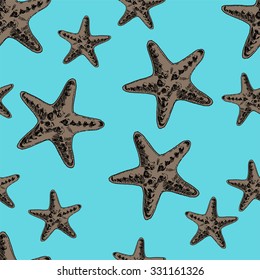 Seamless multicolor pattern with light brown sea stars on pastel blue background. Hand drawn vector illustration.