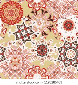Seamless multicolor pattern with oriental mandalas. Islam, Arabic, Asian motifs. Kaleidoscope elements. Vintage lace mood. Fabric, wallpaper or wrap print