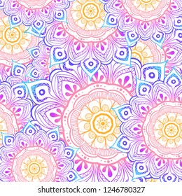 Seamless multicolor pattern with oriental mandalas. Hippie mandala pattern. Kaleidoscope elements. Fabric, wallpaper or wrap print