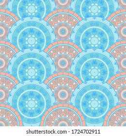 Seamless multicolor pattern with oriental mandalas. Islam, Arabic, Asian motifs. Kaleidoscope elements. Vintage lace mood. Invitation or greeting card design