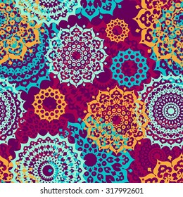 Seamless multicolor pattern with oriental mandalas. Islam, Arabic, Asian motifs. Kaleidoscope elements. Vintage lace mood. Invitation or greeting card design