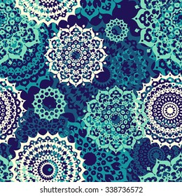 Seamless multicolor pattern with oriental mandalas. Islam, Arabic, Asian motifs. Kaleidoscope elements. Vintage lace mood. Fabric, wallpaper or wrap print