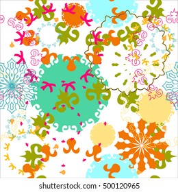 Seamless multicolor pattern with oriental mandalas. Islam, Arabic, Asian motifs. Kaleidoscope elements. Vintage lace mood.