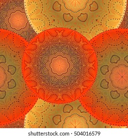 Seamless multicolor pattern with oriental mandalas. Islam, Arabic, Asian motifs. Kaleidoscope elements. Vintage lace mood.