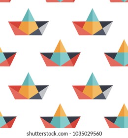 Seamless multicolor pattern with paper boats. Vector illustration. Kid's design. Cartoon style.