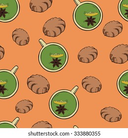 Seamless multicolor pattern with tea cups and biscuits or meringues or marshmallows on pastel background. Cartoon sketch drawn by ink. Hand drawn vector illustration.