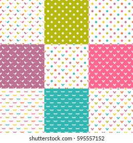 Seamless multicolor patterns with birds, flowers, dragonflies and butterflies