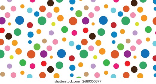 Patrón de Vector de lunares multicolores sin costuras, fondo de lunares brillantes y pastel juguetón para tela y papelería.