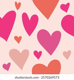 Seamless multicolor romantic doodle hearts or love pattern vector illustration design. Background. Colors: Rose, pink and red.