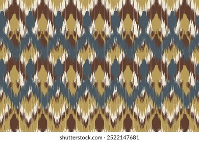 Padrão Ikat tradicional multicolorido contínuo com elementos abstratos castanhos, azuis e amarelos, ideal para designs de tecido, têxteis, vestuário e papel de parede, apresentando formas étnicas e geométricas