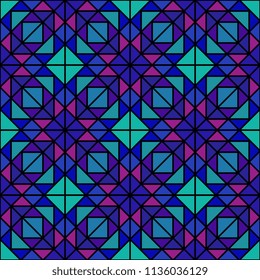 Seamless multicolor triangle pattern on black background. Graphic disigh. Trendy mosaic geometric background. Template for your design of tile, wallpapers, stained glass windows. Vector illustration