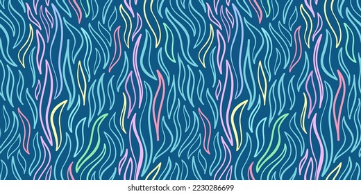 seamless multicolor zebra print pattern positive vector of wavy lines. Neon lines on blue background colorful print, abstract liquid pattern, bright background of curves