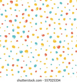 Seamless multicolored baby vector free hand doodle texture with dots, dry brush ink art.