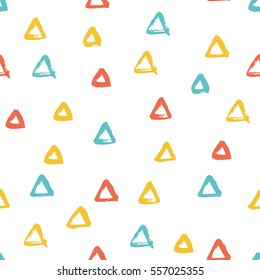 Seamless multicolored baby vector free hand doodle texture with triangles, dry brush ink art.