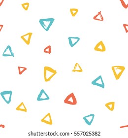 Seamless multicolored baby vector free hand doodle texture with triangles, dry brush ink art.
