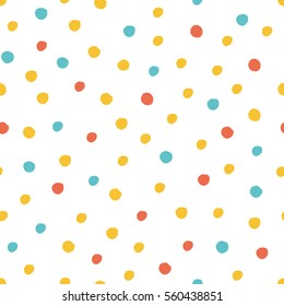 Seamless multicolored baby vector free hand doodle polka dot texture, dry brush ink art.