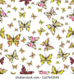 Seamless multicolored background with flying moths. Seamless background from bright butterflies. Beautiful colorful butterflies chaotically fly on white, neutral and yellow colors. Vector.