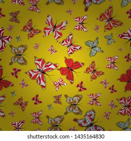 Seamless multicolored background with flying moths. Vector. Beautiful colorful butterflies chaotically fly on red, white and yellow colors. Suitable. Seamless background from bright butterflies.