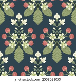 Seamless multicolored background. Hand drawn flower and raspberry blossoms.