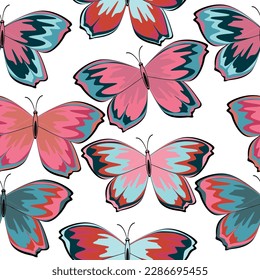 Seamless multicolored butterfly on white background. Butterfly seamless pattern. 