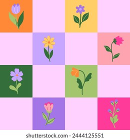 Seamless multicolored checkered pattern with colorful flowers. Vector graphics.