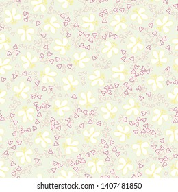 Seamless multicolored doodle background with flowers and butterflies. Vector illustration for packaging and printing on fabric.