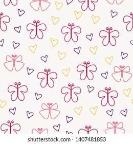 Seamless multicolored doodle background with flowers and butterflies. Vector illustration for packaging and printing on fabric.