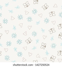 Seamless multicolored doodle background with flowers and butterflies. Vector illustration for packaging and printing on fabric