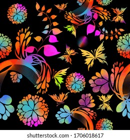 Seamless multicolored floral background with butterflies. Mixed media. Vector illustration