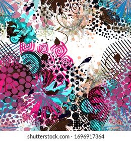 Seamless multicolored floral background . Mixed media. Vector illustration