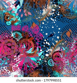 Fondo floral multicolor sin fisuras. Medios mixtos. Ilustración del vector