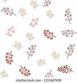 Seamless multicolored floral pattern on white background. Endless texture with elements of flowers twigs for spring design