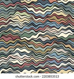 Motif géométrique harmonieux multicolore avec bandes ondulées bleues, rouges, vertes et jaunes sur fond noir. Surface rugueuse arrachée. Illustration vectorielle pour les projets textiles, d'emballage et de décoration.
