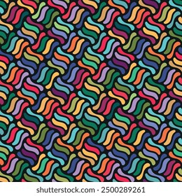 Seamless multicolored geometric pattern with a grid of decorative wavy squares on a black background. Mosaic design in retro style. Vector illustration. 