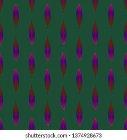 Seamless multicolored geometric pattern with vertical rows of small purple, pink, maroon and red leaves on emerald green background. Repeat symmetrical botanical pattern. Vector illustration.