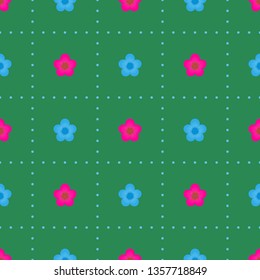 Seamless multicolored minimalist geometric dotted square pattern with small azure blue and bright magenta pink flowers on green background. Repeat symmetrical botanical pattern. Vector illustration.