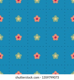 Seamless multicolored minimalist geometric dotted square pattern with small beige and coral pink flowers on pastel azure blue background. Repeat symmetrical botanical pattern. Vector illustration.