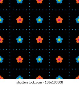 Seamless multicolored minimalist geometric dotted square pattern with small orange and azure blue flowers on black background. Repeat symmetrical botanical pattern. Vector illustration.