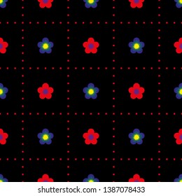 Seamless multicolored minimalist geometric dotted square pattern with small bright red and yellow blue flowers on black background. Repeat symmetrical botanical pattern. Vector illustration.