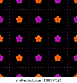 Seamless multicolored minimalist geometric dotted square pattern with small orange and purple pink flowers on black background. Repeat symmetrical botanical pattern. Vector illustration.