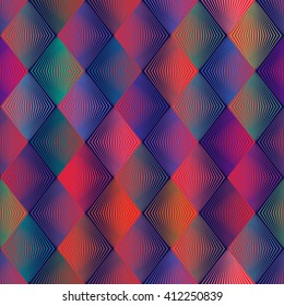 Seamless multicolored op art pattern of lined rhombuses. Bold, geometric background vector design without gradient.