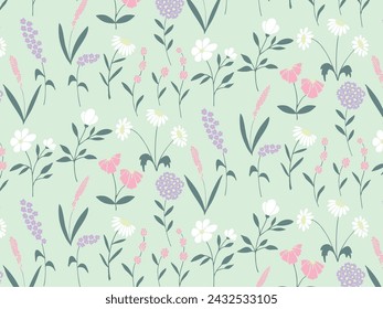 Seamless multicolored pastel botanic pattern of flowers, plants in flat style. Elegant, aesthetic, stylish hand drawing doodles of vector vintage botanical elements. 