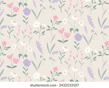 Seamless multicolored pastel botanic pattern of flowers, plants in flat style. Elegant, aesthetic, stylish hand drawing doodles of vector vintage botanical elements. 