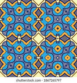Seamless multicolored patern with large diamond-shaped ornaments. Blue and yellow color palette. Vector illustration