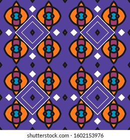 Seamless multi-colored patern with original decorative elements on a purple background. Vector illustration