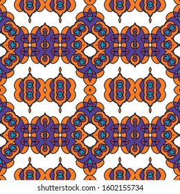 Seamless multi-colored patern with original fabulous ornament on a white background. Vector illustration