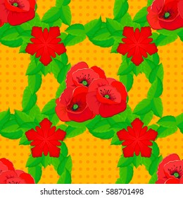 Seamless multicolored pattern of abstract vector poppy flowers on a yellow background.
