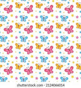 Seamless multicolored pattern with butterflies and stars on a white background. Vector cute color illustration for summer for kids. Textile printing, print design, postcards
