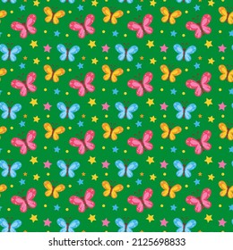 Seamless multicolored pattern with butterflies and stars on a green background. Vector cute color illustration for summer for kids. Textile printing, print design, postcards