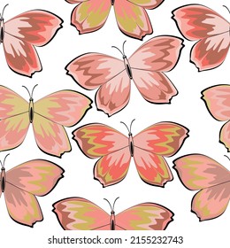 Seamless multicolored pattern with butterflies and stars on a white background.  Fashionable tones. Textiles, wallpaper, wrapping paper